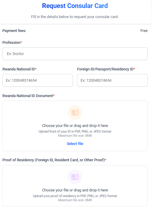 Fill in the request form: profession, Rwandan National ID, and upload your ID document and proof of residency.